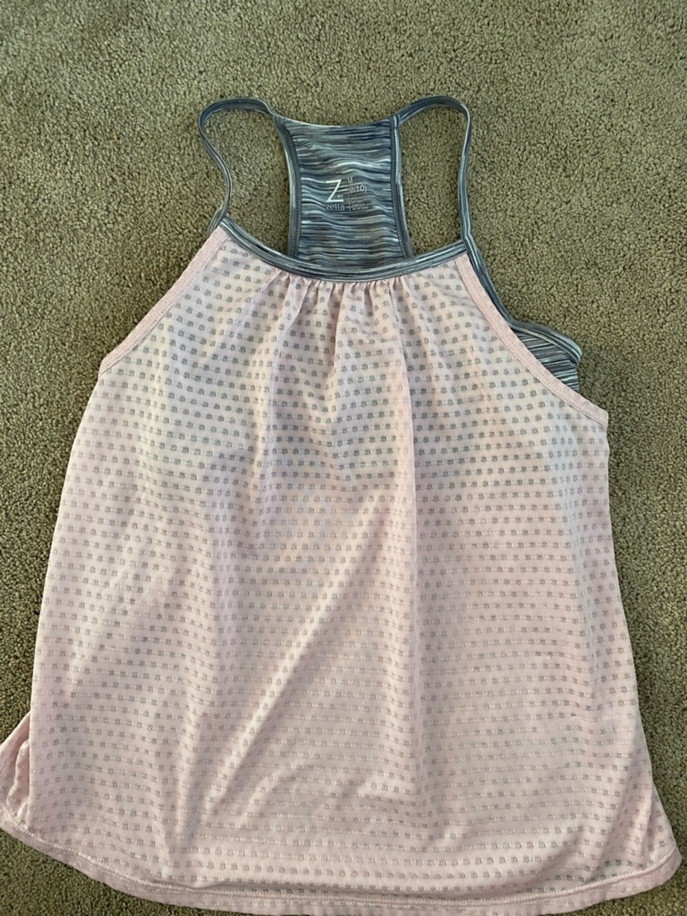 Zella Pink Patterned Racerback Tank with Gray under bra